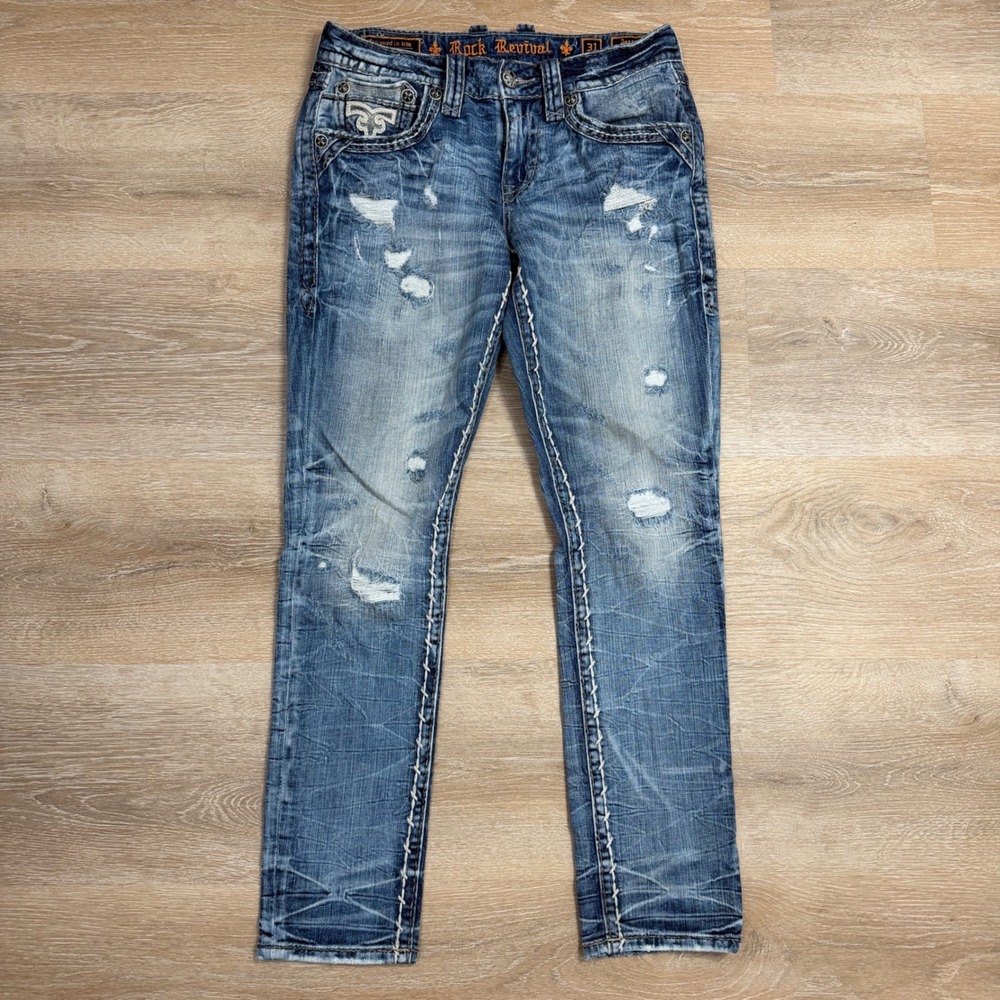Rock Revival Jaser Slim Taper Distressed Blue Jeans Mens 31 Fleur De Lis Denim